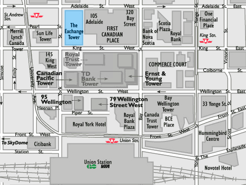 Street map showing the Scitax office at the Exchange Tower, 130 King Street West, Toronto