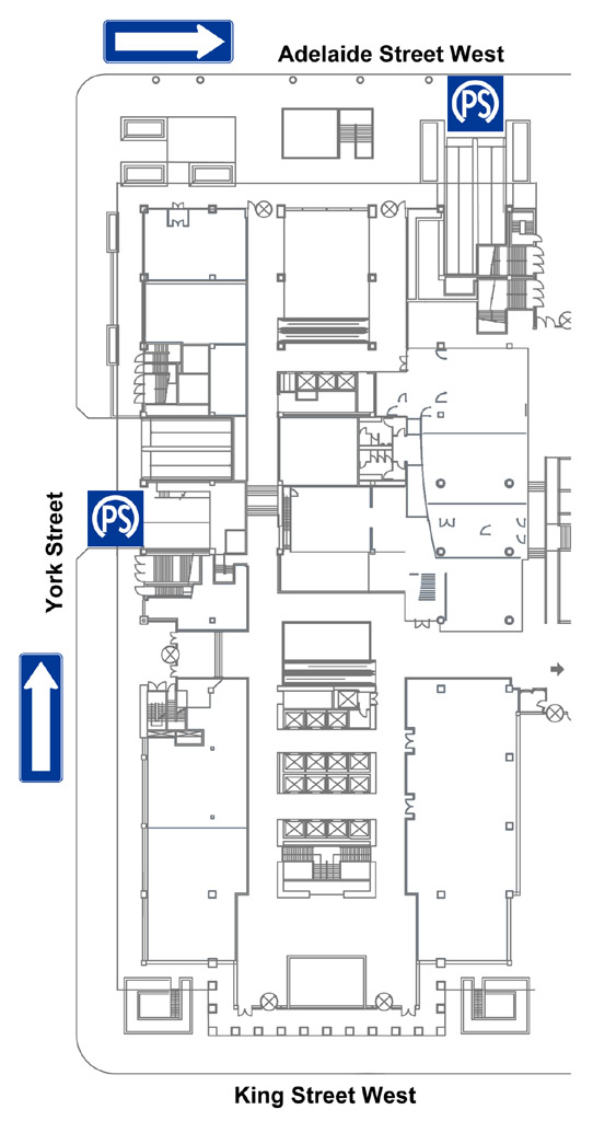 Map of the parking garage entrances for the Exchange Tower on York Street and Adelaide Street West