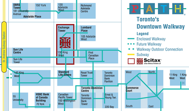 Toronto underground PATH map showing the route to the Exchange Tower