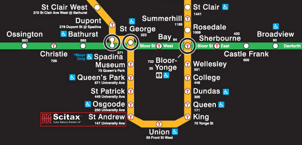 TTC subway map showing St. Andrew and King stations nearest to the Scitax office